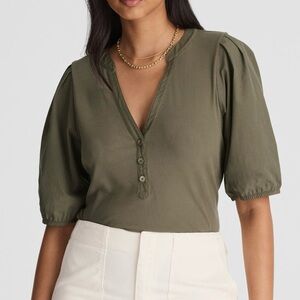 Madewell Ribbed Puff Sleeve Henley Knit Top | Faded Olive | Size XS NWT